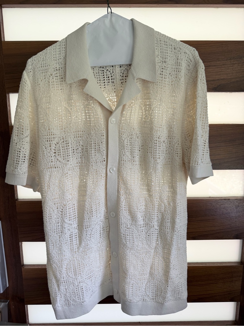 Express Textured Geo Crochet Cotton Short Sleeve Shirt - Picture 7 of 10